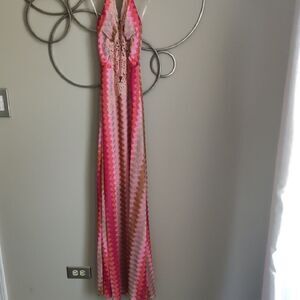 Sky Pink and Brown Zigzag Halter Maxi Dress